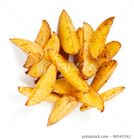 top view of wedge spicy french fries fast food  98545542