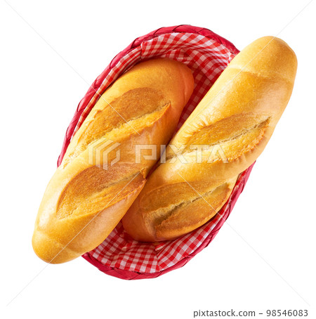 french baguette bread on red check cloth in basket isolated on white, top view. french baguette bread on red check cloth in basket isolated on white, top view. 98546083