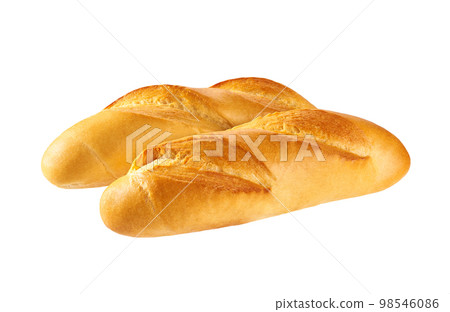 two fresh crunchy french baguette breads isolated on white. two fresh crunchy french baguette breads isolated on white. 98546086