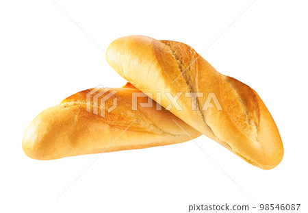 Close up of two fresh french mini baguettes isolated on white background. Close up of two fresh french mini baguettes isolated on white background. 98546087