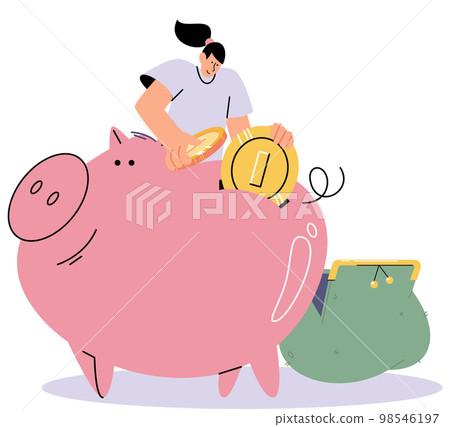 Woman puts money in piggy bank with coins and dollar bills. Concept of banking saving money deposit Woman puts money in piggy bank with coins and dollar bills. Concept of banking saving money deposit 98546197