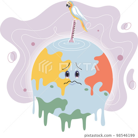 Global warming concept, bird parrot on melting earth. Idea of climate change and danger for ecology Global warming concept, bird parrot on melting earth. Idea of climate change and danger for ecology 98546199