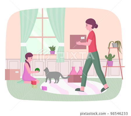 Mom and daughter at home. Mother rearranges cardboard boxes, girl plays with toys and cat Mom and daughter at home. Mother rearranges cardboard boxes, girl plays with toys and cat 98546233