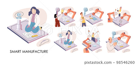 Manufacturing process at automated production industry. Scientist creates robot. Smart industry Manufacturing process at automated production industry. Scientist creates robot. Smart industry 98546260