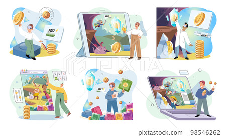 Happy man power from gaming with cryptocurrency, gameplay to earn, NFT, Metaverse, digital world 98546262