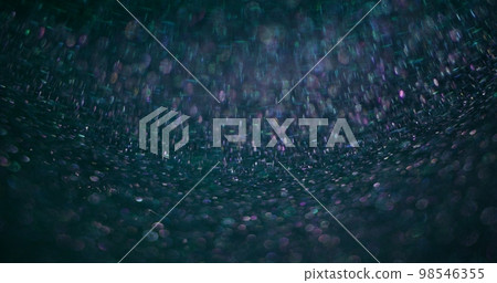 Bokeh light background. Blur circles texture. Underwater reflection. Defocused neon purple blue glowing dots flare on dark abstract poster with free space. 98546355
