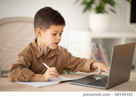 Serious busy little boy sits at table, studies, has video call on laptop, makes notes in room interior Serious busy little boy sits at table, studies, has video call on laptop, makes notes in room interior 98546385