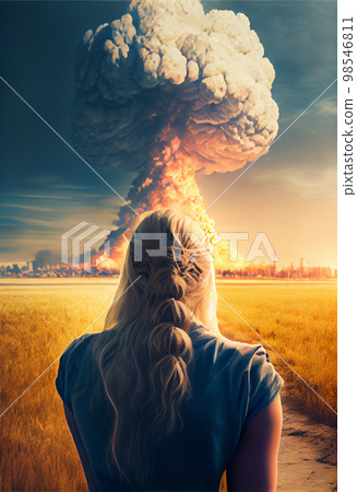 Active young woman in sportswear looking at distant nuclear explosion in the field. Fantastic apocalyptic landscape Active young woman in sportswear looking at distant nuclear explosion in the field. Fantastic apocalyptic landscape 98546811