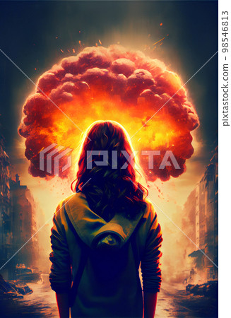Active young woman in sportswear looking at distant nuclear explosion in the field. Fantastic apocalyptic landscape Active young woman in sportswear looking at distant nuclear explosion in the field. Fantastic apocalyptic landscape 98546813