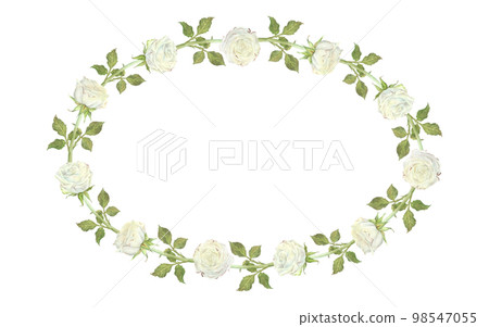 Oval wreath of white roses and buds with leaves. Place for inscription or text. Watercolor illustration. Isolated on a white background. For design of dishes, greeting card, wedding invitation Oval wreath of white roses and buds with leaves. Place for inscription or text. Watercolor illustration. Isolated on a white background. For design of dishes, greeting card, wedding invitation 98547055