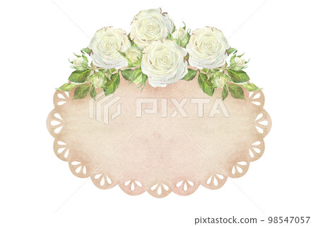 Oval lace doily with white roses and leaves on top.Place for inscription or text. Watercolor illustration.Isolated on a white background.For design of greeting cards, wedding invitation, scrapbooking Oval lace doily with white roses and leaves on top.Place for inscription or text. Watercolor illustration.Isolated on a white background.For design of greeting cards, wedding invitation, scrapbooking 98547057