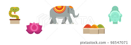 Indian Traditional Symbols with Lotus Flower, Deity Statue and Elephant Vector Set Indian Traditional Symbols with Lotus Flower, Deity Statue and Elephant Vector Set 98547071