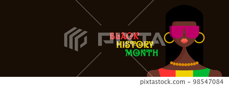 Black history month horizontal banner with stylized afro American woman face isolated on black background. Black history month poster, flyer, background with pretty african modern girl with sunglasses 98547084