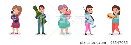 People Characters Having Bad Habits and Harmful Addiction Vector Set 98547085