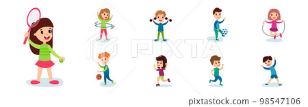 Little Boy and Girl Doing Sport Playing Tennis, Football and Roller Skating Vector Set 98547106