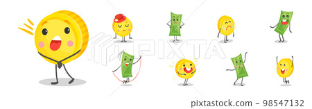 Cute Funny Banknotes and Coins Humanized Characters Showing Various Emotions Vector Set Cute Funny Banknotes and Coins Humanized Characters Showing Various Emotions Vector Set 98547132