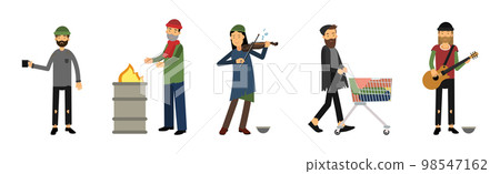 Homeless People Characters in Rags Begging for Help Vector Set 98547162