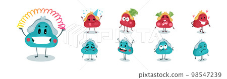 Comic Wallet or Purse Expressing Different Face Expression Vector Set 98547239