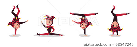 Little Boy in Harlequin or Clown Hat with Jingle Bells Jumping and Somersaulting Vector Set 98547243