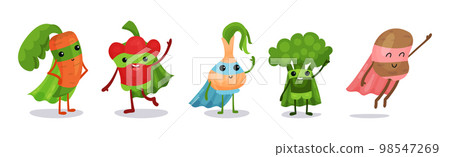 Funny Vegetables Wearing Superhero Cloak Vector Set 98547269
