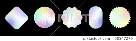Holographic stickers. Hologram labels of different shapes. Sticker shapes for design mockups. Holographic textured stickers for preview tags, labels. Vector illustration 98547270