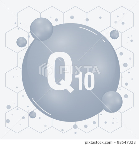 Q10 shining pill capcule icon. Vitamin complex with chemical formula, coenzyme Q 10, ubiquinone. Meds for heath, beauty ads. Vector illustration Q10 shining pill capcule icon. Vitamin complex with chemical formula, coenzyme Q 10, ubiquinone. Meds for heath, beauty ads. Vector illustration 98547328