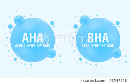 Vector set of AHA and BHA icons. Beta hydroxy acid and alpha hydroxy acid. Acids used as a face serum or solution. Dermal and beauty. Vector illustration 98547338
