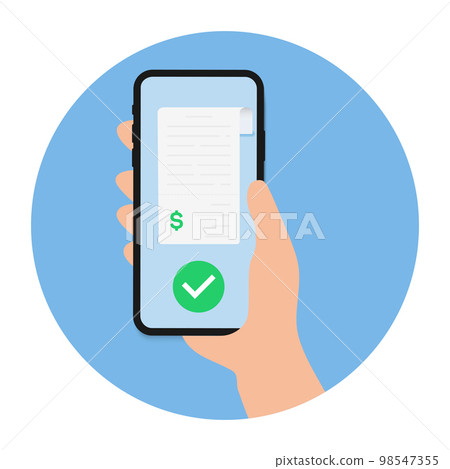 Pay money with mobile phone banking online payments concept. Easy bill payment transaction on smartphone. Mobile with financial paper. E bill payment vector illustration Pay money with mobile phone banking online payments concept. Easy bill payment transaction on smartphone. Mobile with financial paper. E bill payment vector illustration 98547355