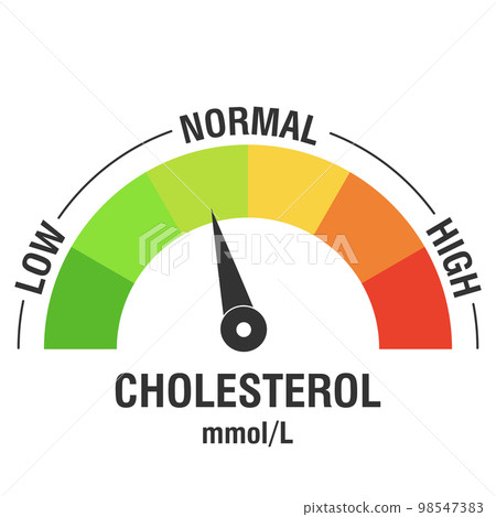 Cholesterol meter, color scale with arrow. Low, normal and high cholesterol level measuring device. Medicine and health. Vector illustration 98547383