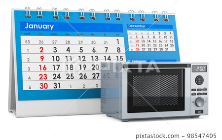 Combination oven, microwave with desk calendar, 3D rendering 98547405
