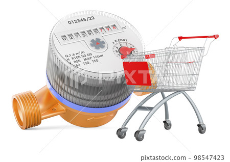 Water meter with shopping cart, 3D rendering 98547423