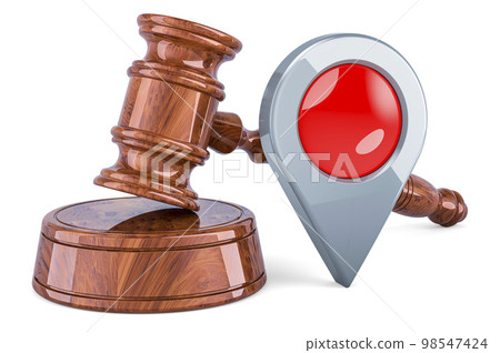 Wooden Gavel with map pointer. 3D rendering Wooden Gavel with map pointer. 3D rendering 98547424