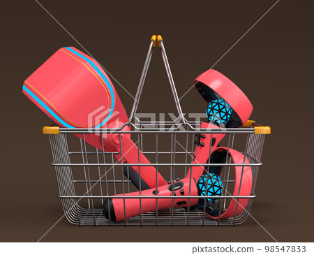 Virtual reality glasses and controllers for online and cloud gaming in metal wire basket on dark background. 3D render concept of shopping and delivery of device for virtual design and gaming in VR 98547833