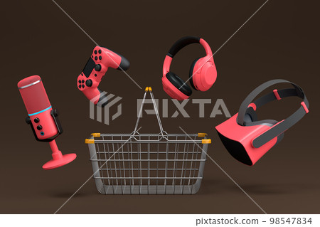 Flying gamer gears like mouse, keyboard, web camera, headphones and microphone in metal wire basket on dark background. 3d render of sale, shopping and delivery of accessories for live streaming 98547834
