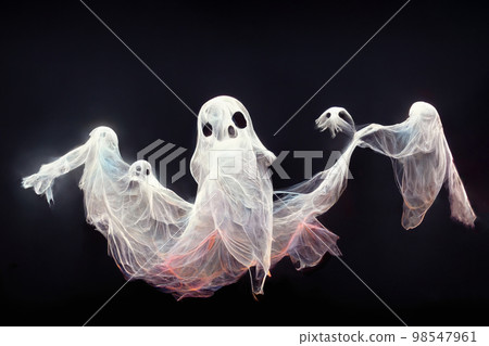 Halloween ghosts flying and dancing on street with neon lights. Generative AI Halloween ghosts flying and dancing on street with neon lights. Generative AI 98547961
