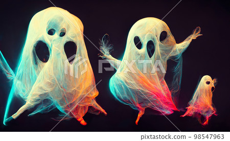 Halloween ghosts flying and dancing on street with neon lights. Generative AI Halloween ghosts flying and dancing on street with neon lights. Generative AI 98547963