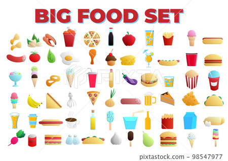 Big set of icons of delicious food, fast food, fruits, vegetables, drinks. Vector illustration 98547977