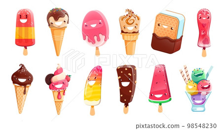 Cartoon ice cream dessert characters. Isolated vector fruit ice, waffle cone, popsicle, sandwich, gelato kawaii personages. Cold summer food, frozen bars and balls. Sweet tasty ice cream personages 98548230