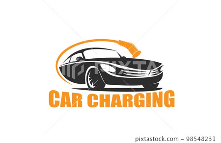 Electric car charge service icon. EV automobile battery charging station or service garage graphic vector symbol, pictogram or sign with modern coupe car and charger power cable Electric car charge service icon. EV automobile battery charging station or service garage graphic vector symbol, pictogram or sign with modern coupe car and charger power cable 98548231