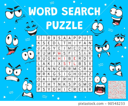 Cartoon emoji face expression, word search puzzle game worksheet, vector word quiz. Search and find word grid riddle with cartoon emoticons and smile emoji expressions, word puzzle game 98548233