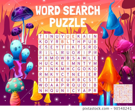 Magic alien mushrooms, word search puzzle game worksheet, vector quiz grid. Kids riddle quiz to search and find color words in grid of luminous mushroom limes and toadstools in fantasy forest 98548241
