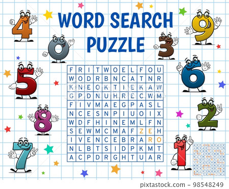 Cartoon school numbers and digits. Word search puzzle game worksheet. Child vocabulary quiz, children word search puzzle or kids playing activity vector page with cheerful and funny digits characters Cartoon school numbers and digits. Word search puzzle game worksheet. Child vocabulary quiz, children word search puzzle or kids playing activity vector page with cheerful and funny digits characters 98548249