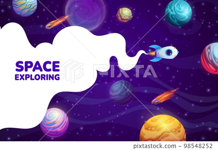 Landing page space. Cartoon space rocket in galaxy landscape. Company landing page background, business project website vector layout or startup launch web page template with alien galaxy planets Landing page space. Cartoon space rocket in galaxy landscape. Company landing page background, business project website vector layout or startup launch web page template with alien galaxy planets 98548252