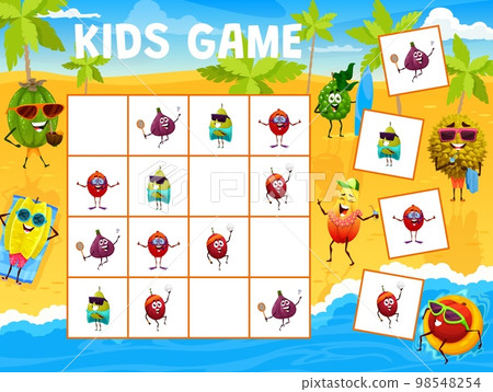 Sudoku kids game, cartoon fruits characters on summer beach, vector quiz puzzle. Sudoku riddle worksheet grid to find and match lychee, fig and nectarine with papaya on summer sea holiday or vacations Sudoku kids game, cartoon fruits characters on summer beach, vector quiz puzzle. Sudoku riddle worksheet grid to find and match lychee, fig and nectarine with papaya on summer sea holiday or vacations 98548254