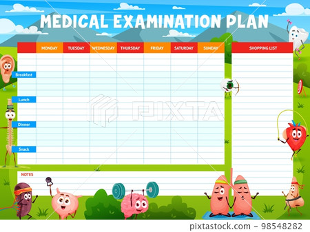 Medical examination plan, cartoon funny human organs characters, vector weekly meal planner. Medical check up plan or eating organizer of diet schedule with heart, brain and kidneys on sport fitness 98548282