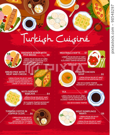 Turkish cuisine menu page design. Turkish coffee in copper cezve, meatballs Kofte and tomato chicken soup, meat dumplings Manti, bread Pide and Iskender kebab with pita, tea, nuts dessert Baklava 98548297