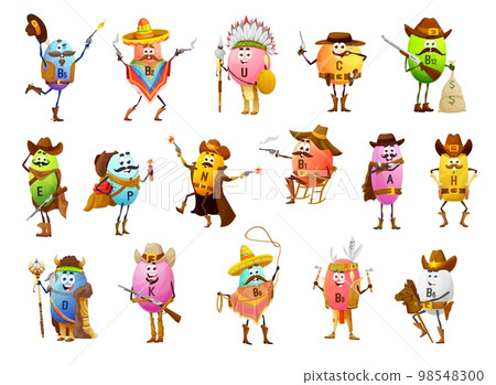 Cartoon vitamin cowboys, bandits, rangers and indians characters. Vector B2, U, C, B12 and E. P, N, B1, A and H with D, K and B9 western horsemen and indigenous aboriginal personages 98548300