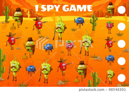 I spy game, cartoon berry rangers, cowboys and bandits on Wild West, vector quiz worksheet. Kids puzzle or riddle to find two same blueberry cowboy, raspberry ranger or gooseberry sheriff with grape I spy game, cartoon berry rangers, cowboys and bandits on Wild West, vector quiz worksheet. Kids puzzle or riddle to find two same blueberry cowboy, raspberry ranger or gooseberry sheriff with grape 98548301