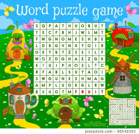 Word search puzzle game, fairytale magic houses and dwellings, vector quiz worksheet. Kids word search grid with cartoon elf homes and house huts village in cup, windmill and apple or fairy pear Word search puzzle game, fairytale magic houses and dwellings, vector quiz worksheet. Kids word search grid with cartoon elf homes and house huts village in cup, windmill and apple or fairy pear 98548303