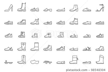 Man and woman shoes line icons. High heel shoe, combat, cowboy, winter and rubber boots, man and woman sandals, sneakers sport footwear, moccasins, flip flops and slippers shoe vector icons Man and woman shoes line icons. High heel shoe, combat, cowboy, winter and rubber boots, man and woman sandals, sneakers sport footwear, moccasins, flip flops and slippers shoe vector icons 98548304